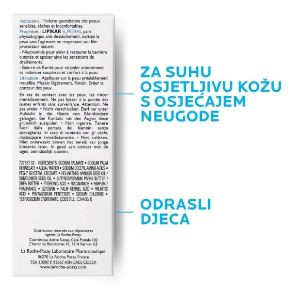 La Roche-Posay LIPIKAR SURGRAS Tvrdi sindet (sapun) za nadopunu lipida protiv nadraženosti i svraba, pogodno za djecu i odrasle, 150 g bpharm